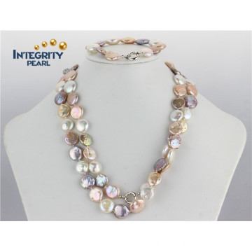 12-13mm AA Coin Pearl Set Mixed Color Bracelet and Necklace Pearl Set